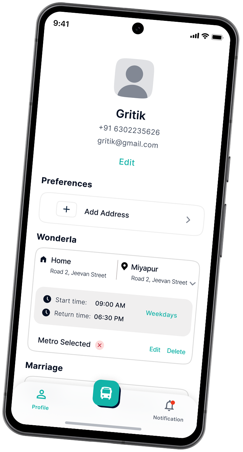 A tilted phone showing a commuter profile with a name, phone number and email, an Add Address option and a saved Home address with start and return times
