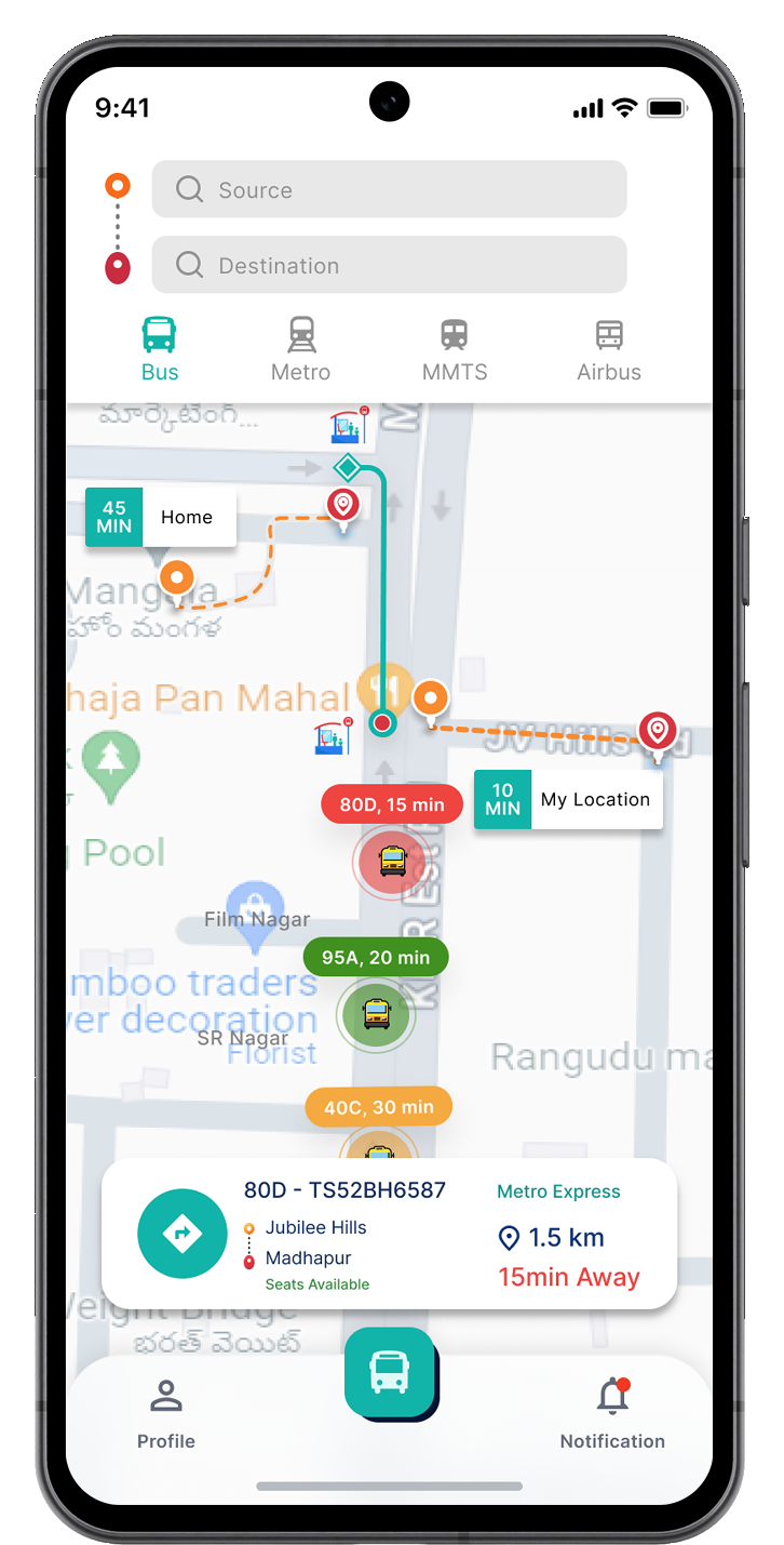 A route planning screen with source and destination fields, tabs for Bus, Metro, MMTS and Airbus, a map showing a suggested route with bus markers, and a card for bus 80D showing 1.5 km and 15 minutes away