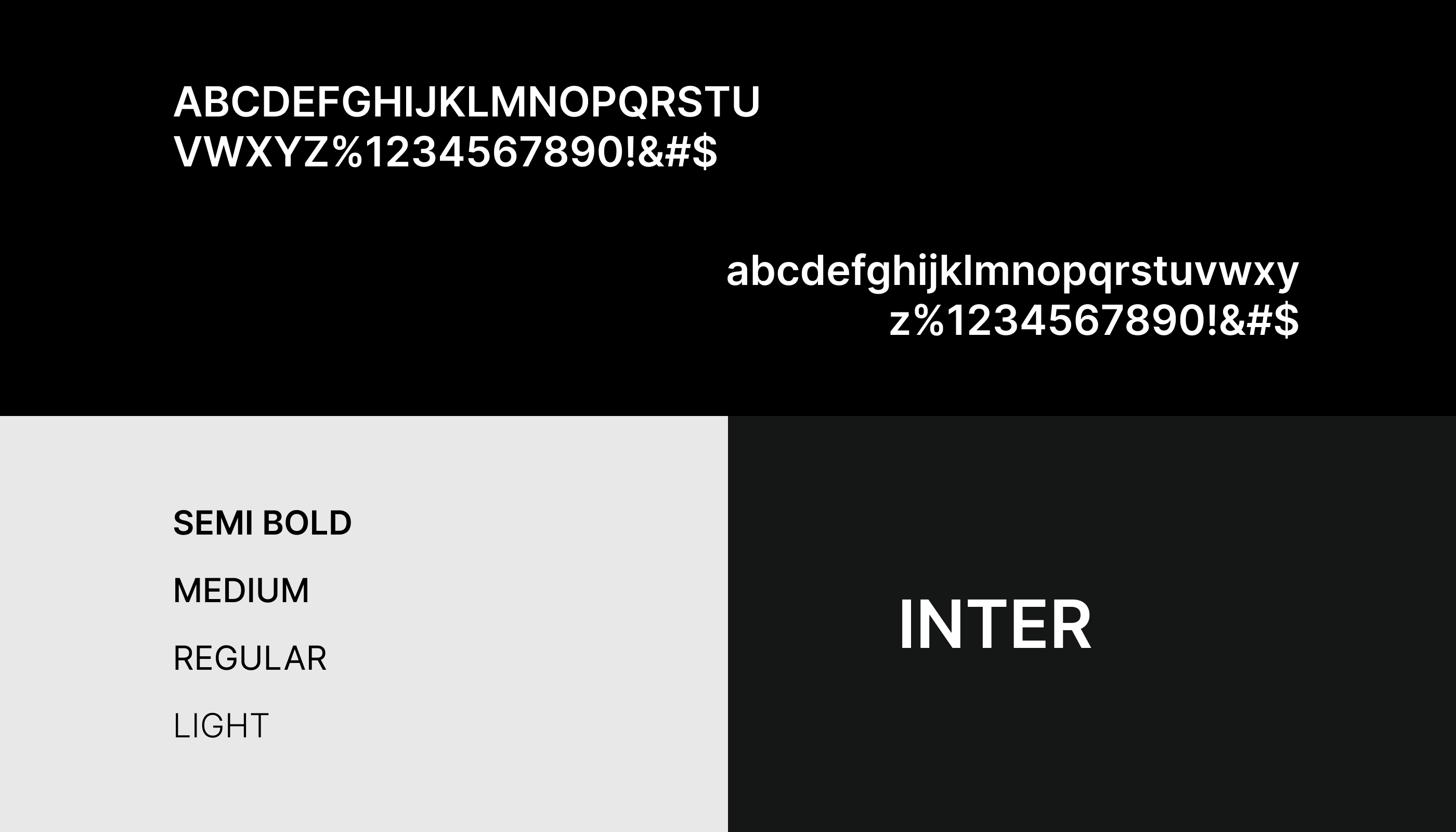 The Inter type specimen: upper and lowercase alphabets and numerals on black, and the four weights semibold, medium, regular and light