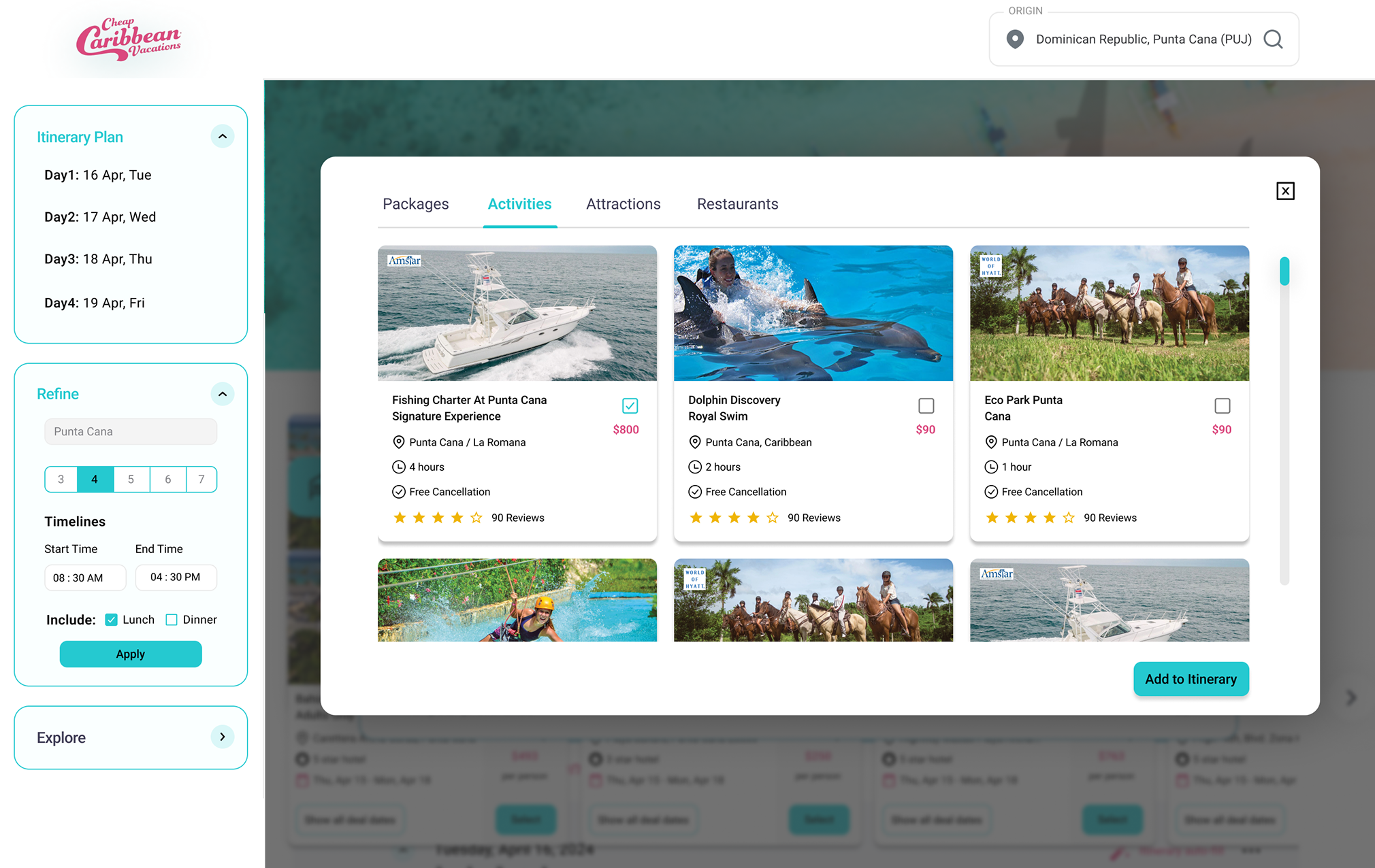 The Activities tab of the add modal, showing activity cards such as a fishing charter, dolphin discovery and an eco park, each with duration, cancellation terms, reviews and a checkbox
