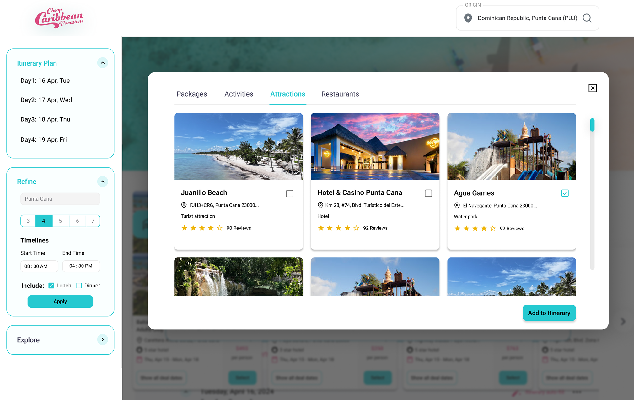 The Attractions tab of the add modal, showing cards for a beach, a hotel and casino, and a water park, each with an address, reviews and a checkbox