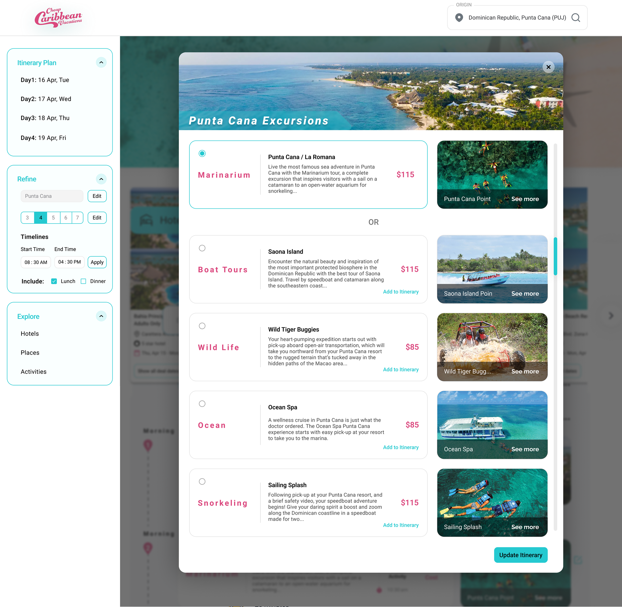 The Punta Cana Excursions modal: a list of choices, including Marinarium, Boat Tours, Wild Life, Ocean and Snorkeling, each with a short description, a price and photos, and an Update Itinerary button