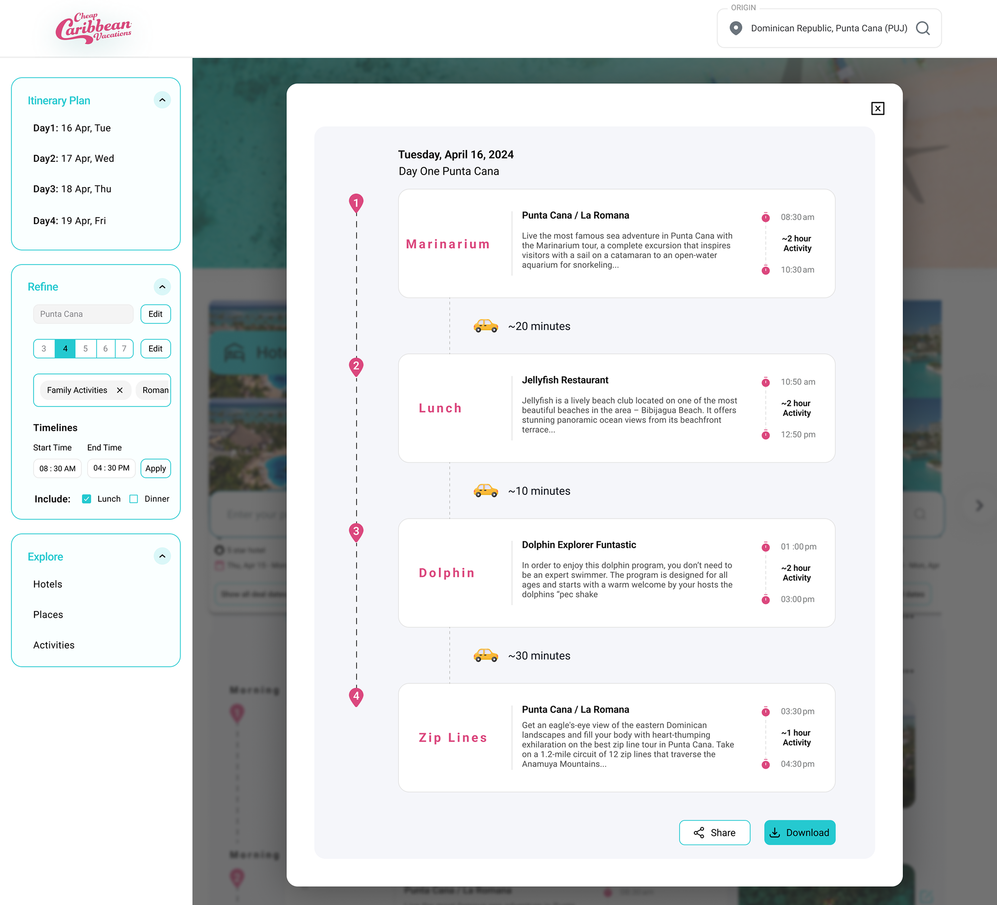 The itinerary opened in a modal over the page, showing Tuesday, April 16, 2024 as a vertical timeline: Marinarium, lunch at Jellyfish Restaurant, Dolphin Explorer Funtastic and Zip Lines, with travel times between them and Share and Download buttons