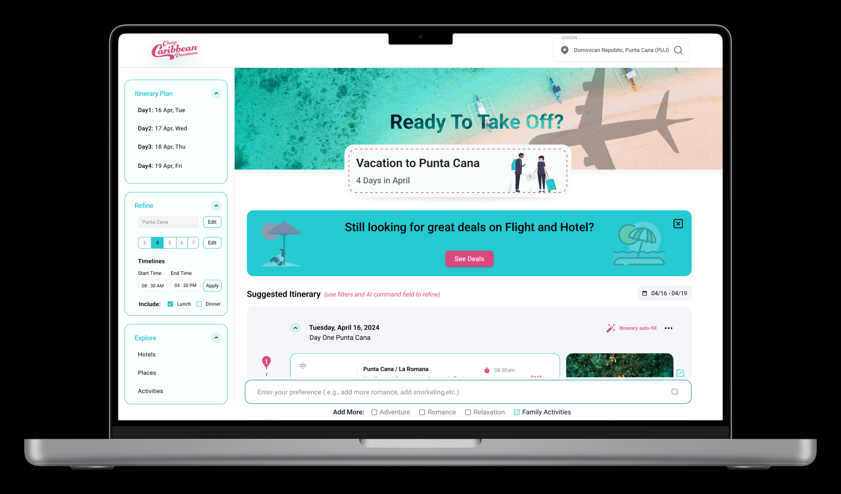 A laptop showing the itinerary page: a Ready To Take Off hero for Vacation to Punta Cana, 4 Days in April, a banner offering flight and hotel deals, and a Suggested Itinerary of day cards with travel times between them