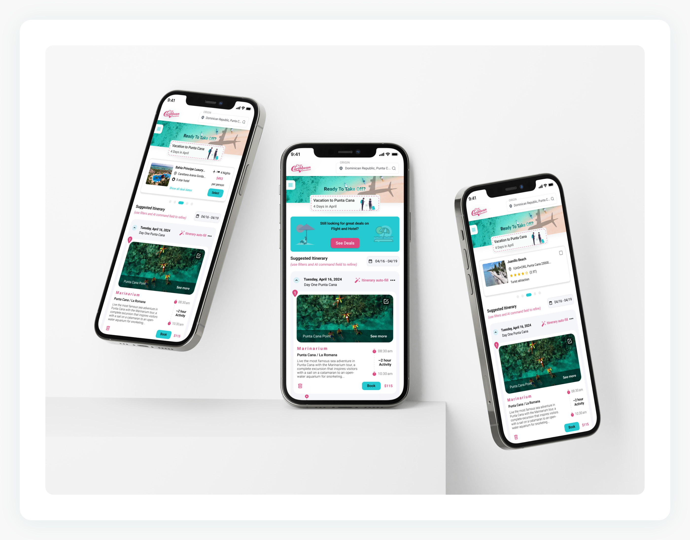 Three phones standing on a white plinth, showing the itinerary page on mobile: the Ready To Take Off hero, the deals banner and the day-by-day suggested itinerary