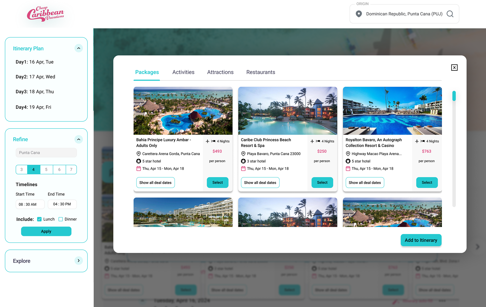 The Packages tab of the add modal, showing resort cards with photos, star ratings, dates and a Select button, and an Add to Itinerary button