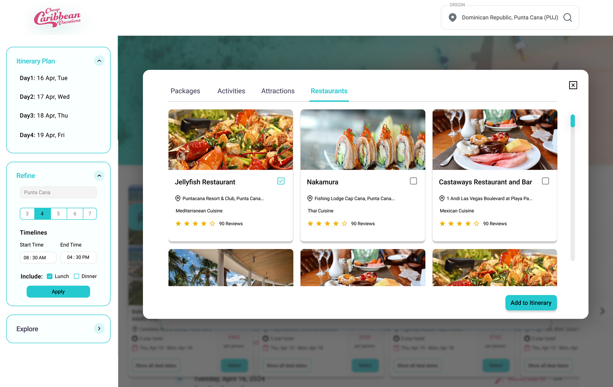 The Restaurants tab of the add modal, showing restaurant cards, each with a food photo, an address, a star rating and a checkbox