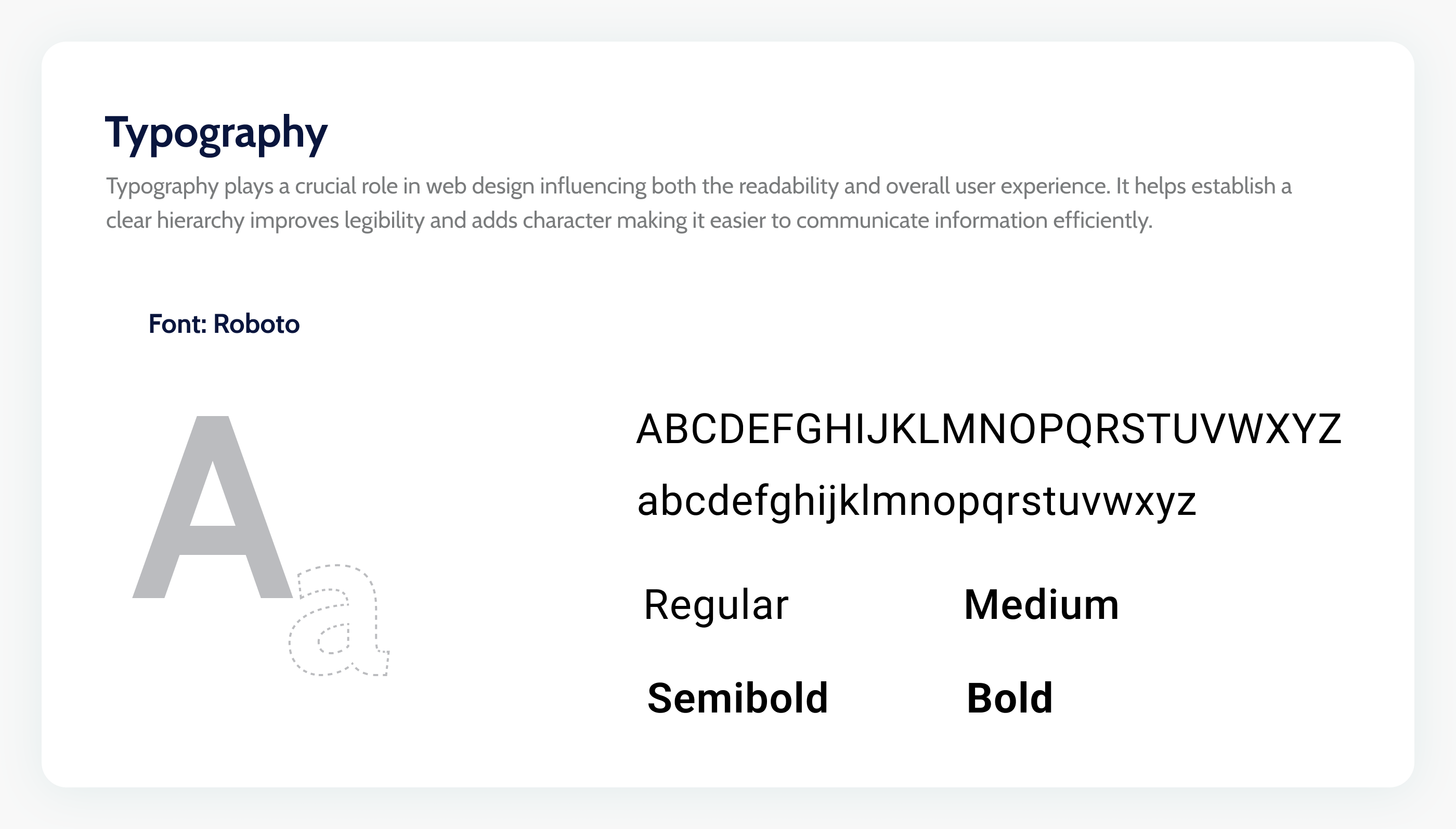 The Roboto type specimen: upper and lowercase alphabets, a large letter A, and the four weights regular, medium, semibold and bold