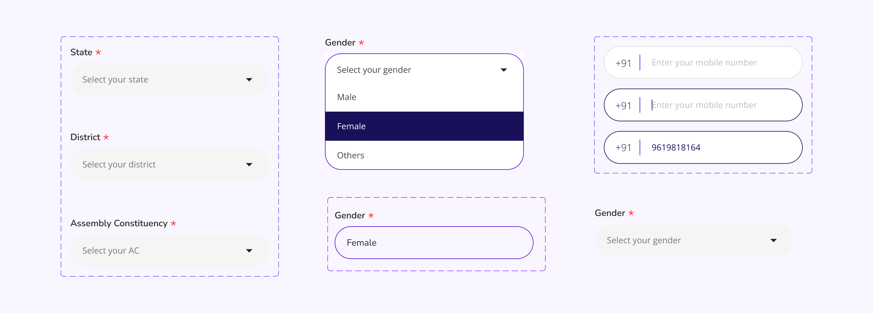 Form components on a lavender background: State, District and Assembly Constituency dropdowns, a Gender dropdown shown open with Male, Female and Others, a Gender field with a value filled in, and mobile number fields with a +91 prefix