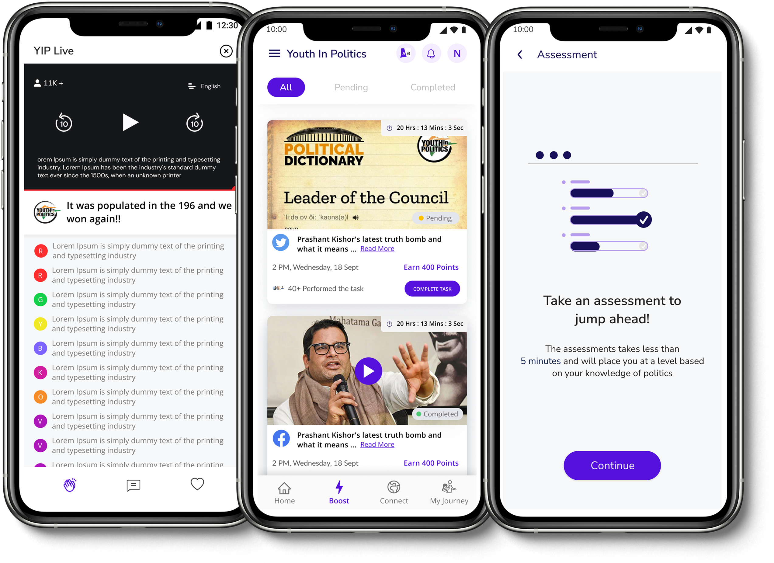 Three phones: YIP Live, with a video player above a live comment feed; the home feed of task cards; and an Assessment screen reading Take an assessment to jump ahead, with a Continue button