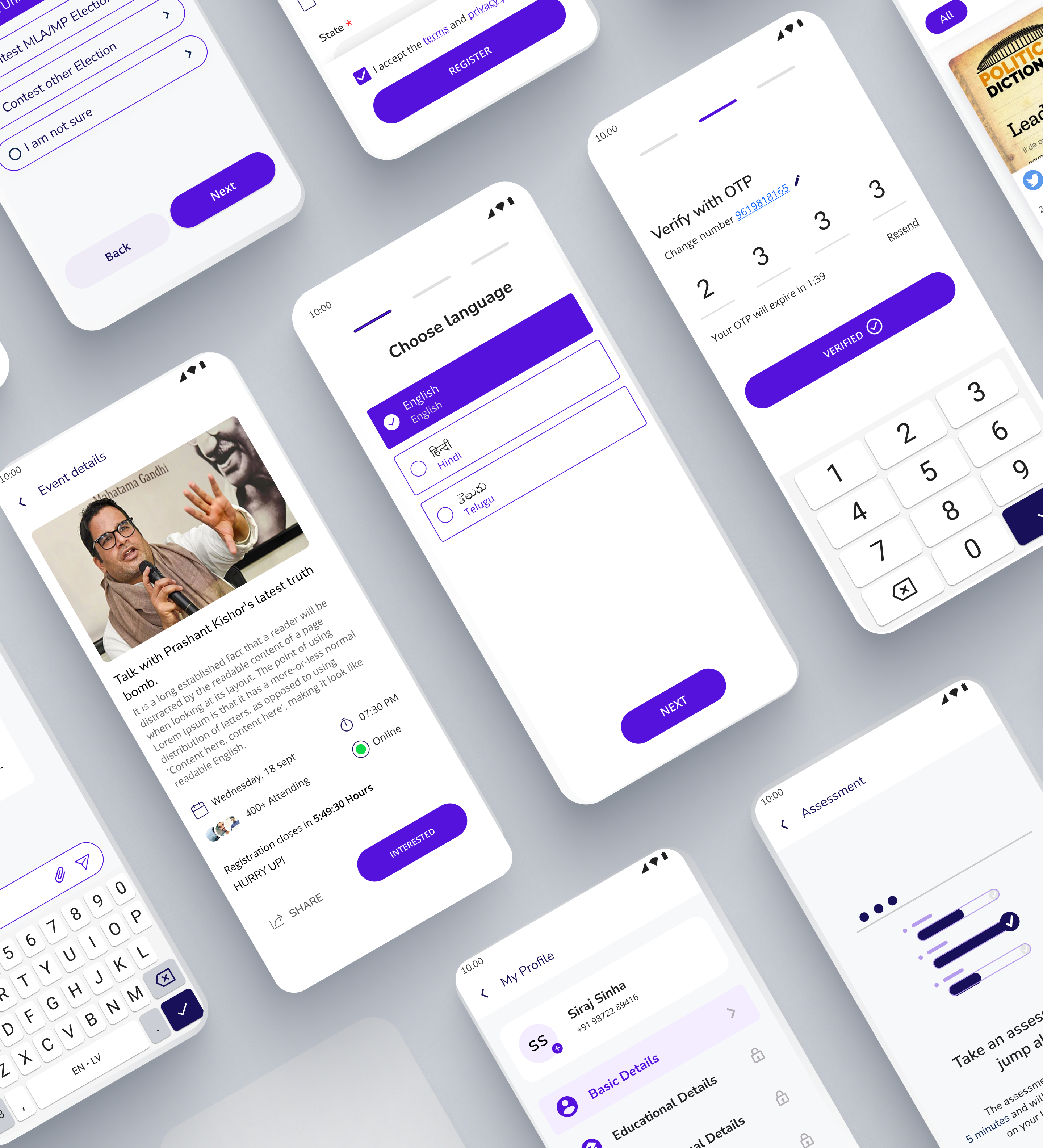 A tilted collage of app screens: a language selection screen, an OTP verification screen with a number pad, an event details screen with a registration button, a My Profile screen and an assessment screen