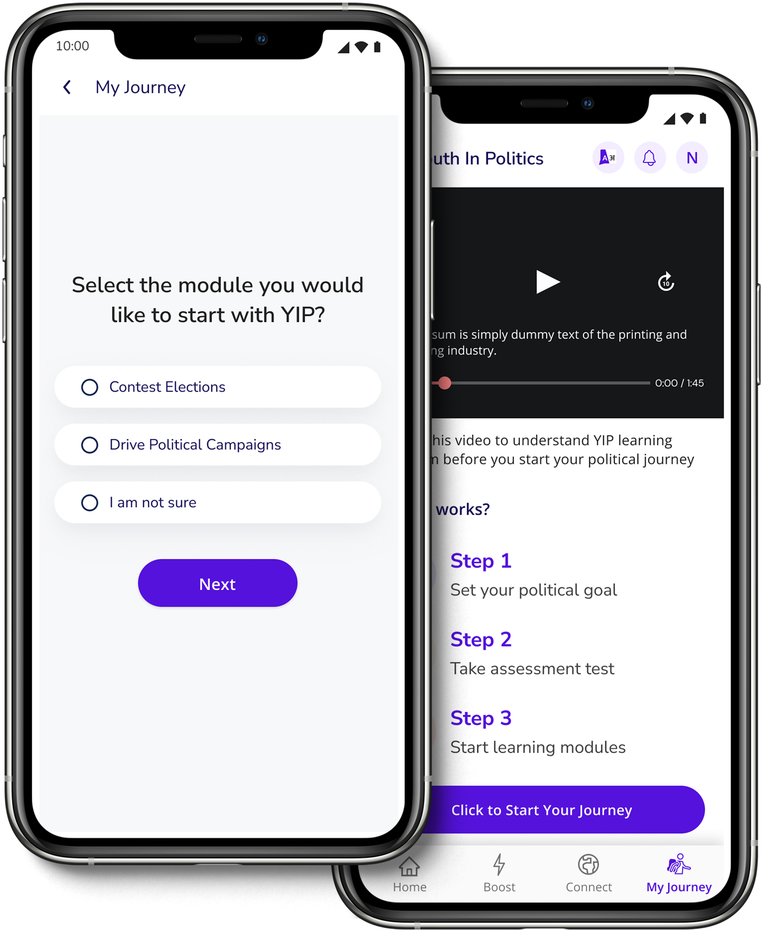 Two phones showing Start Your Journey. The My Journey screen asks Select the module you would like to start with YIP, with the options Contest Elections, Drive Political Campaigns and I am not sure, and a Next button. A second screen shows a video and the three steps: set your political goal, take the assessment test and start learning modules