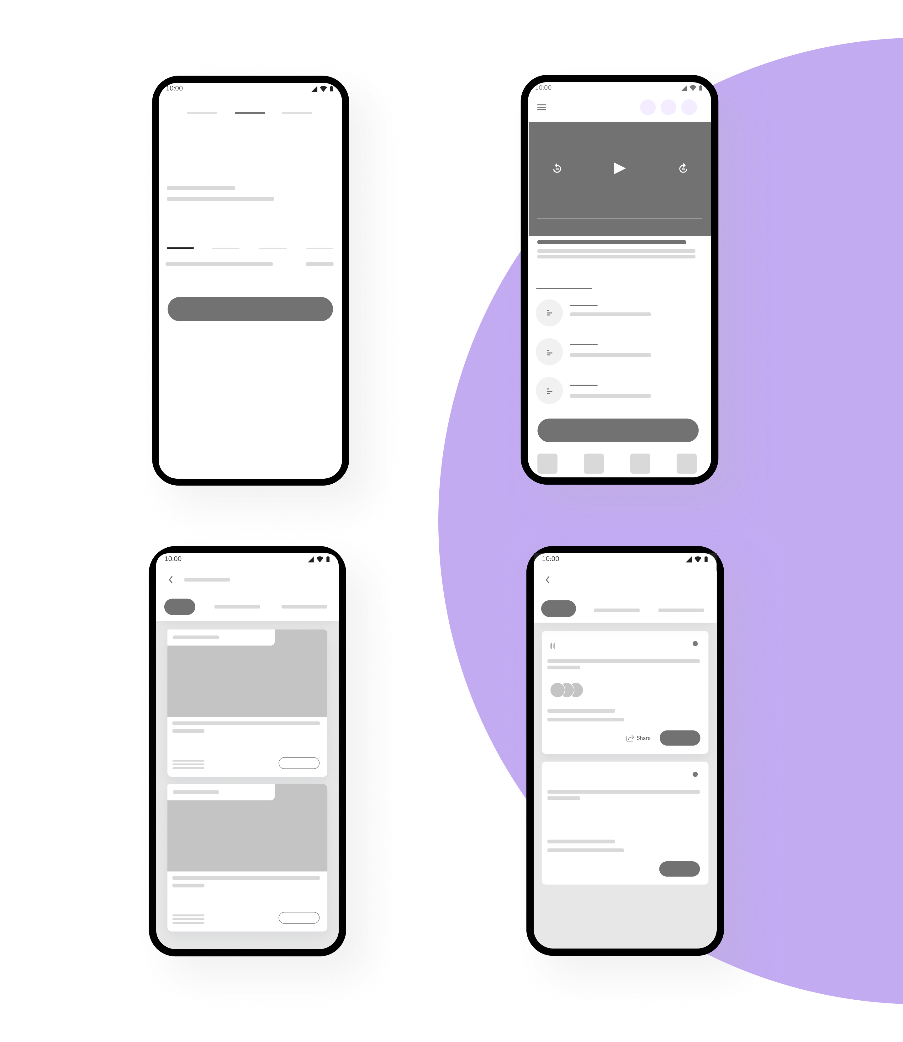 Four grey wireframe phone screens on a lavender shape: a screen with tabs and content blocks, a video player screen with a list below, and two list screens with cards and buttons