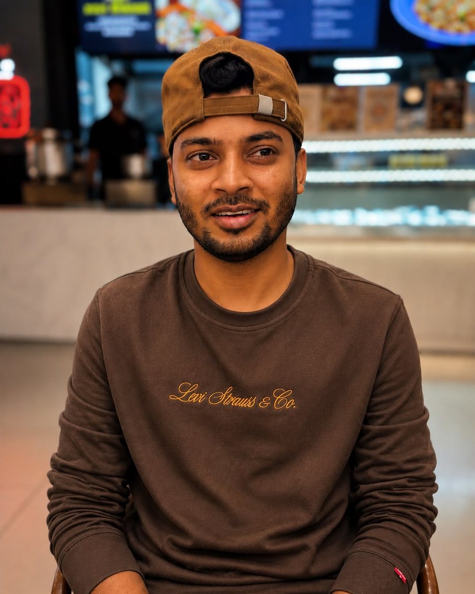 Portrait of Nobin Patnaik wearing a brown cap and a brown sweatshirt