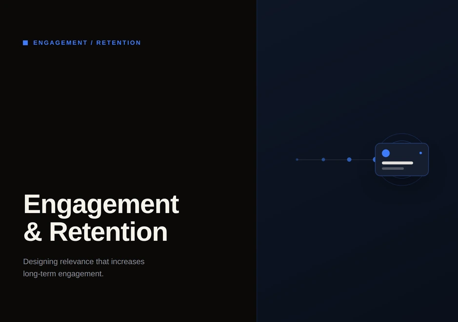 Engagement and Retention project cover: the title on a dark background, with the line Designing relevance that increases long-term engagement, beside an abstract profile card