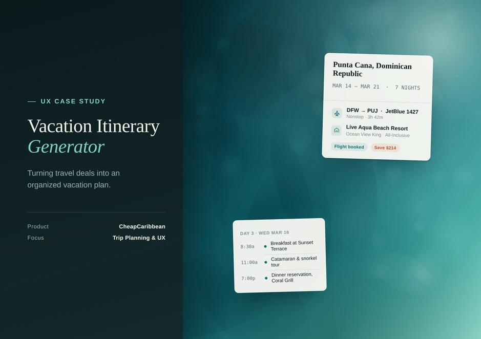 Vacation Itinerary Generator cover: the title Vacation Itinerary Generator with the line Turning travel deals into an organized vacation plan, beside a trip card for Punta Cana and a day schedule card