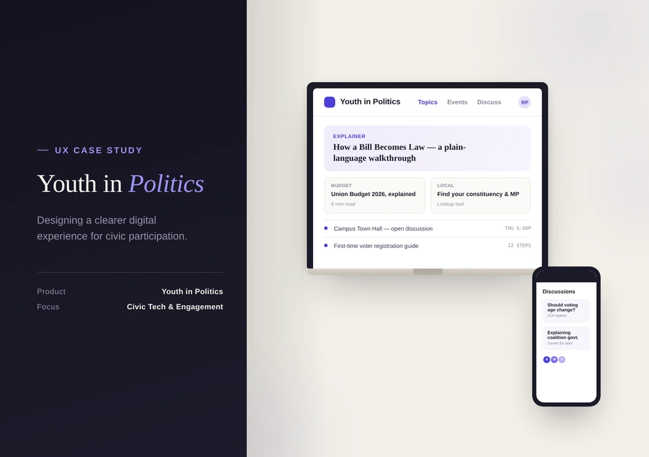 Youth in Politics cover: the title Youth in Politics with the line Designing a clearer digital experience for civic participation, beside a laptop and a phone showing the app